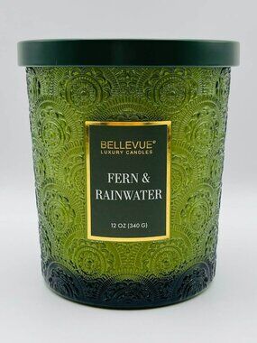 Bellevue Luxury Candle - Fern & Rainwater 12oz - Embossed Glass Jar